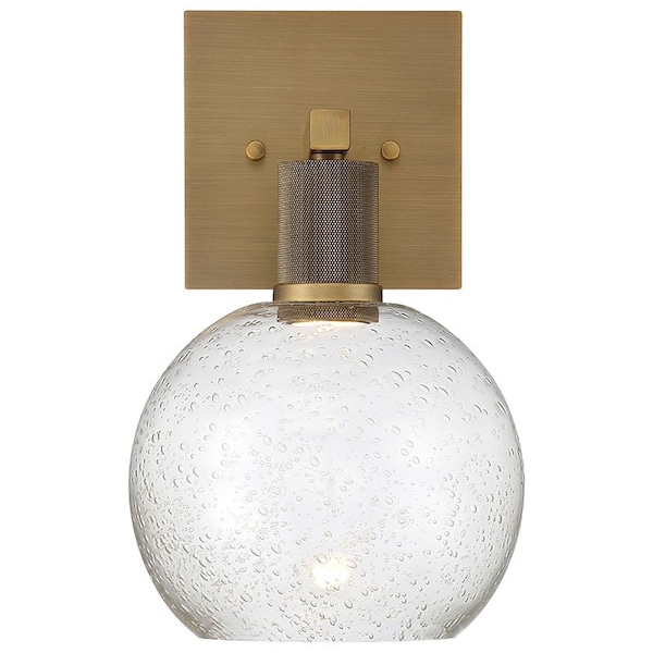 Port Nine Burgundy, Burgundy LED Wall Sconce, Antique Brushed Brass Finish, Seeded Glass